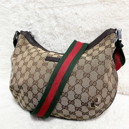 GUCCI Shoulder Bag Purse Sherry Line GG Canvas Leather Beige Brown Authentic