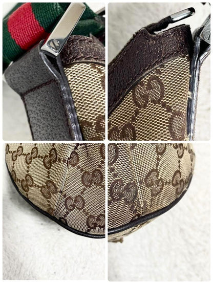 GUCCI Shoulder Bag Purse Sherry Line GG Canvas Leather Beige Brown Authentic