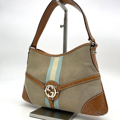 GUCCI Shoulder Bag Purse Sherry Line Canvas Leather Beige Authentic
