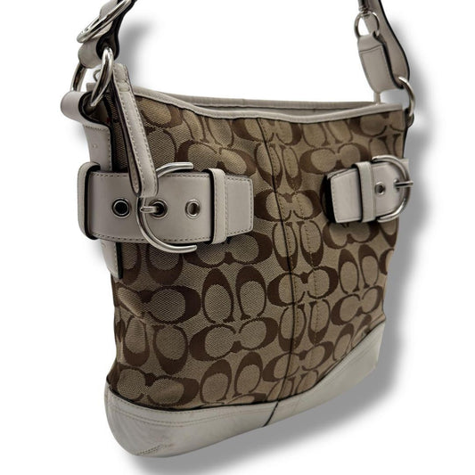 COACH Shoulder Bag Purse Signature Canvas Leather White Brown Authentic