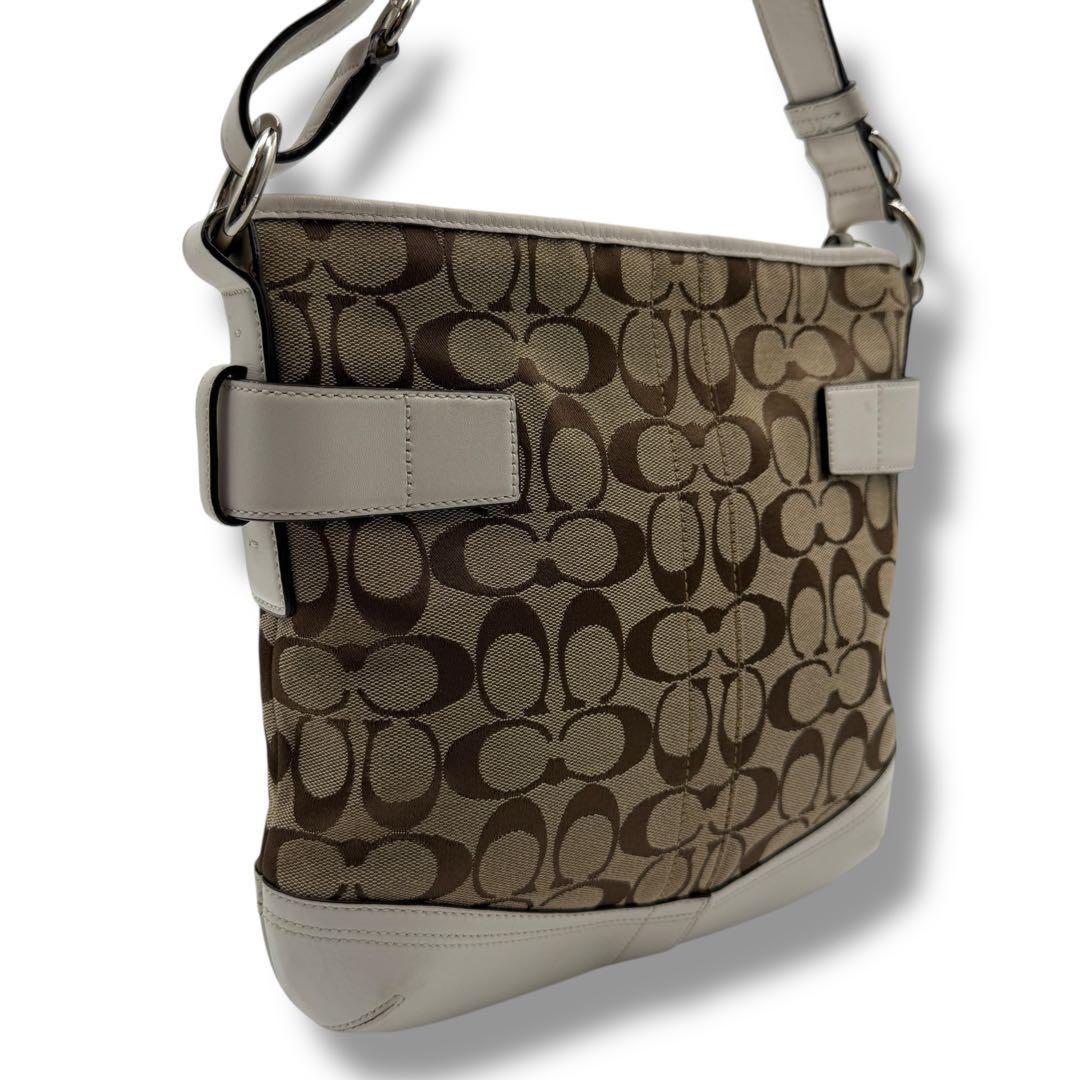 COACH Shoulder Bag Purse Signature Canvas Leather White Brown Authentic