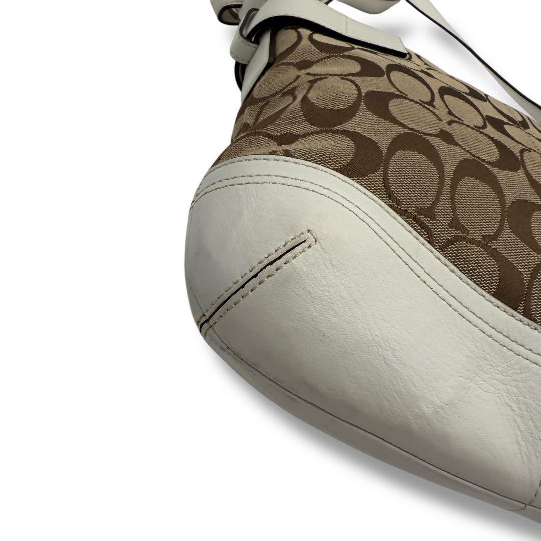 COACH Shoulder Bag Purse Signature Canvas Leather White Brown Authentic