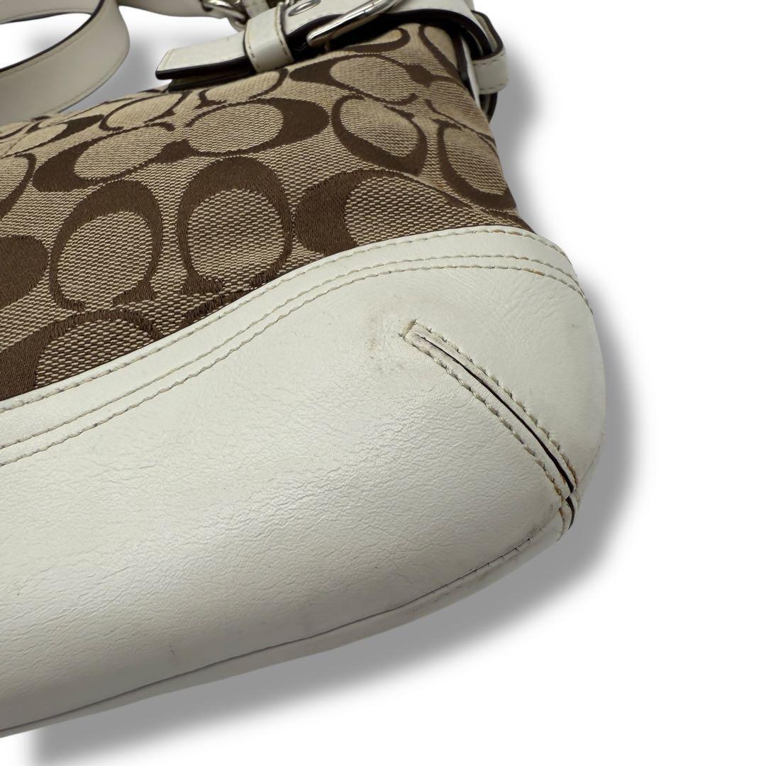 COACH Shoulder Bag Purse Signature Canvas Leather White Brown Authentic