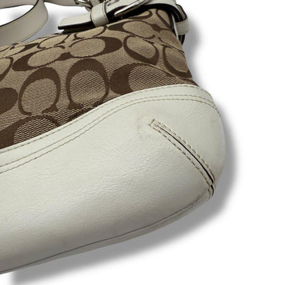 COACH Shoulder Bag Purse Signature Canvas Leather White Brown Authentic