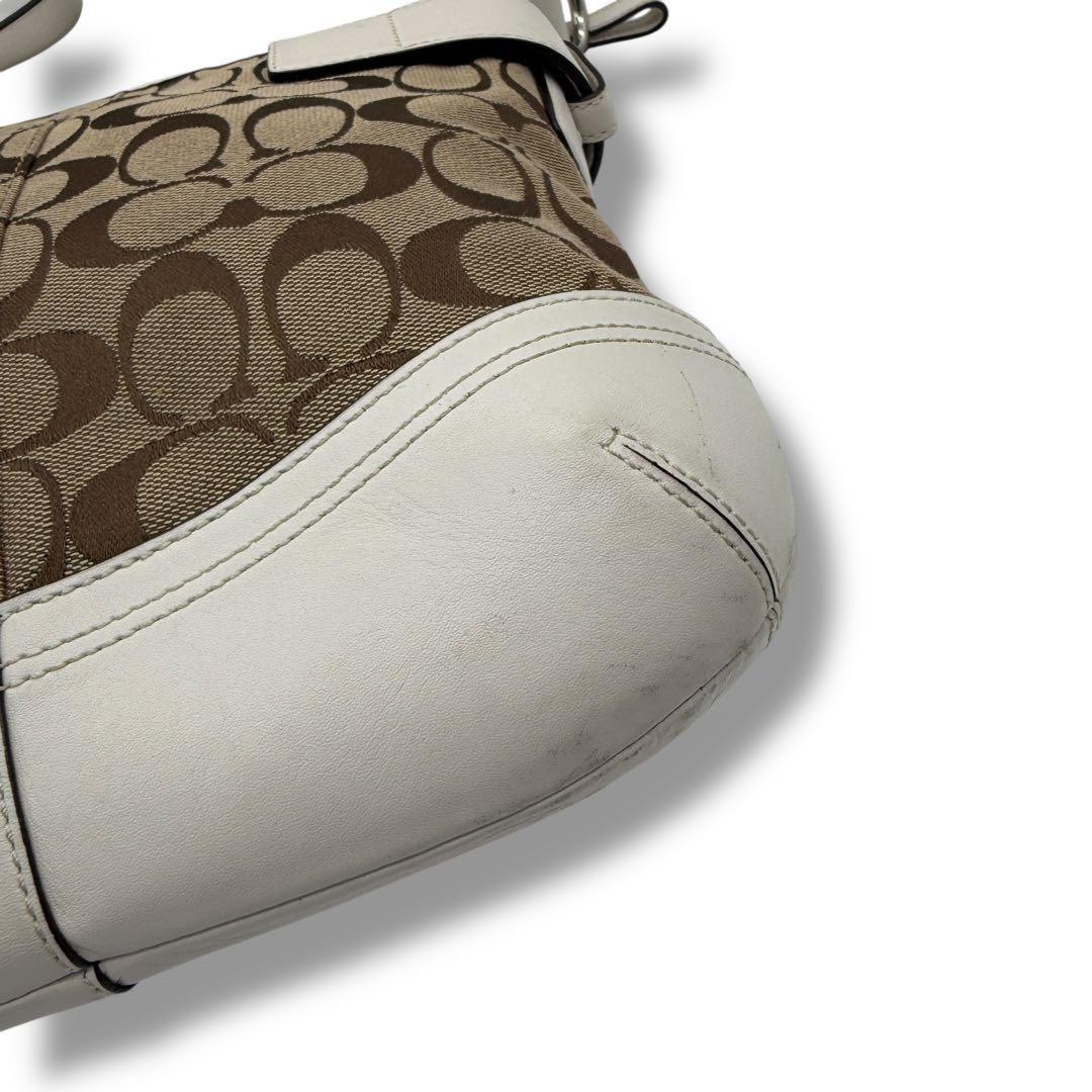 COACH Shoulder Bag Purse Signature Canvas Leather White Brown Authentic