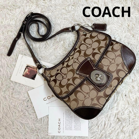 COACH Shoulder Bag Purse Turn Lock Signature Leather Brown Authentic