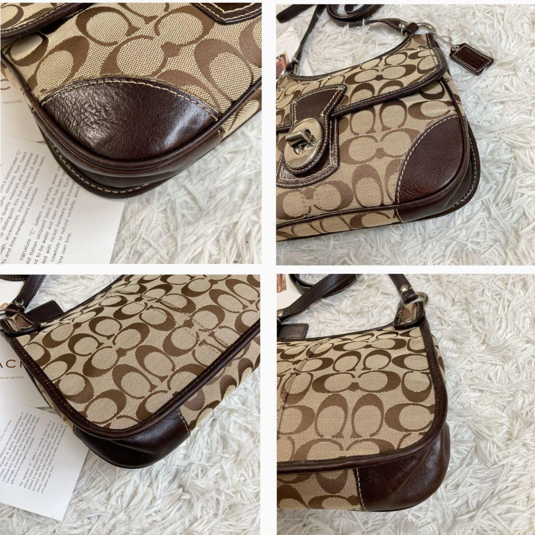 COACH Shoulder Bag Purse Turn Lock Signature Leather Brown Authentic