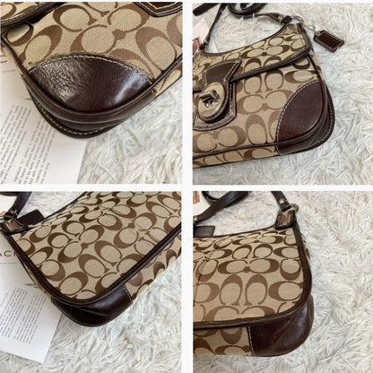 COACH Shoulder Bag Purse Turn Lock Signature Leather Brown Authentic