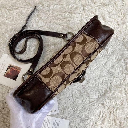 COACH Shoulder Bag Purse Turn Lock Signature Leather Brown Authentic