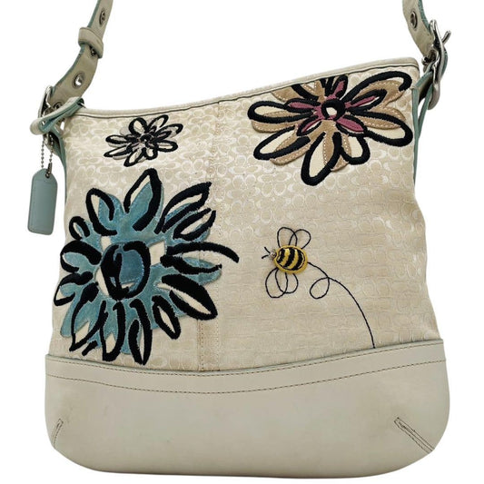 COACH Shoulder Bag Purse Signature Canvas Leather Suede White Authentic