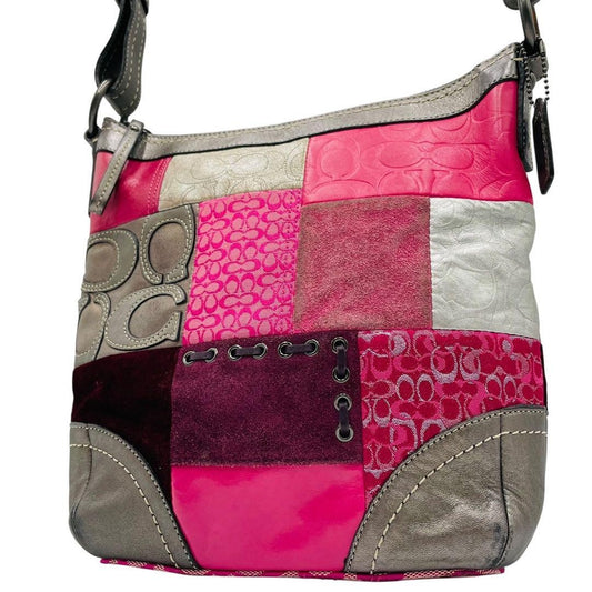 COACH Shoulder Bag Purse Signature Patchwork Canvas Leather Pink Authentic