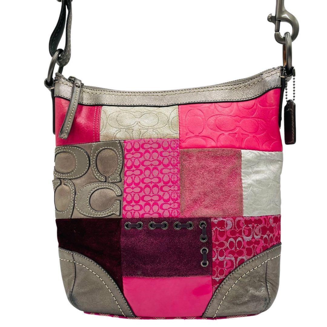 COACH Shoulder Bag Purse Signature Patchwork Canvas Leather Pink Authentic