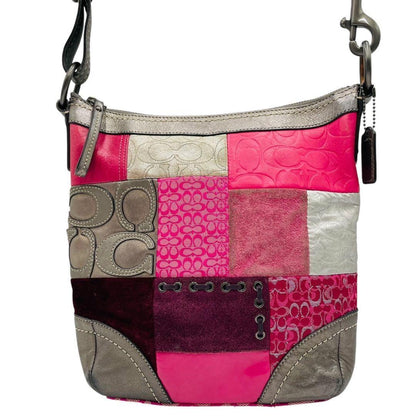 COACH Shoulder Bag Purse Signature Patchwork Canvas Leather Pink Authentic