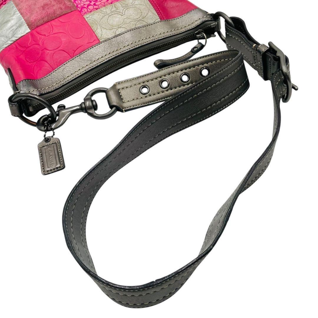 COACH Shoulder Bag Purse Signature Patchwork Canvas Leather Pink Authentic