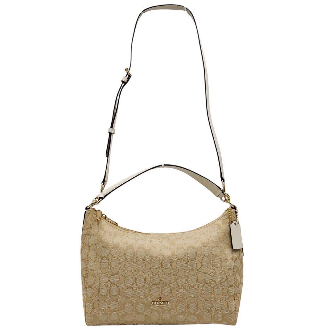 COACH Shoulder Bag Purse Signature Canvas Leather Beige White Authentic