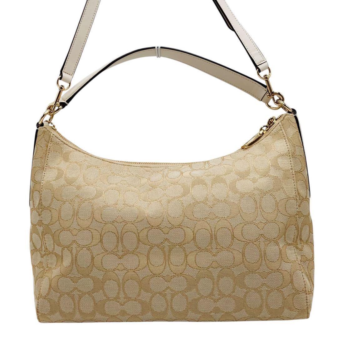 COACH Shoulder Bag Purse Signature Canvas Leather Beige White Authentic