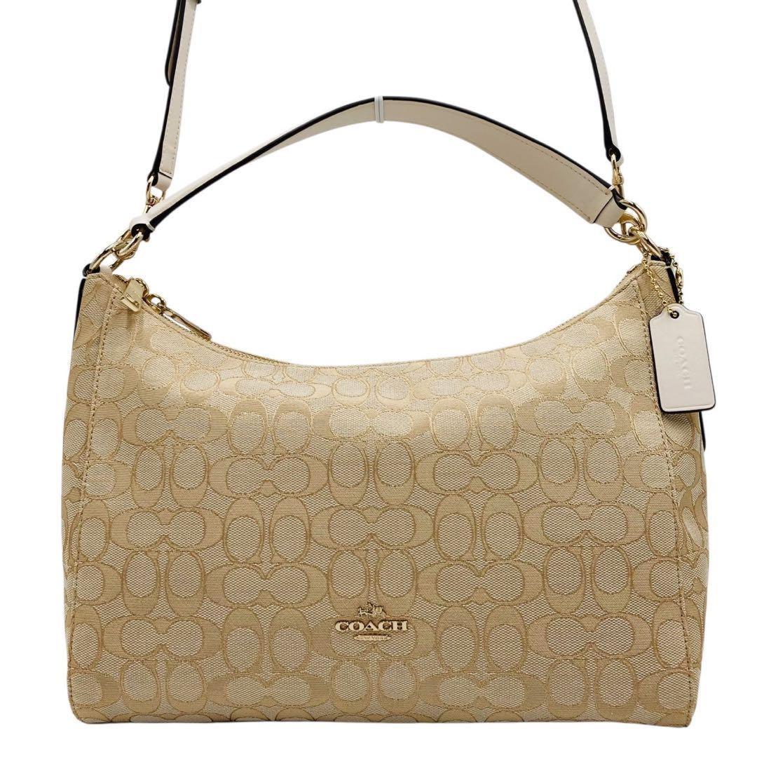 COACH Shoulder Bag Purse Signature Canvas Leather Beige White Authentic