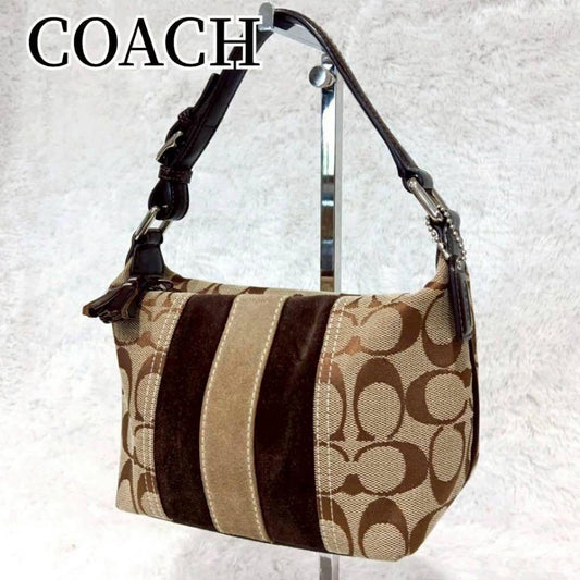 COACH Accessory Pouch Hand Bag Tote Purse Signature Canvas Suede Leather Brown