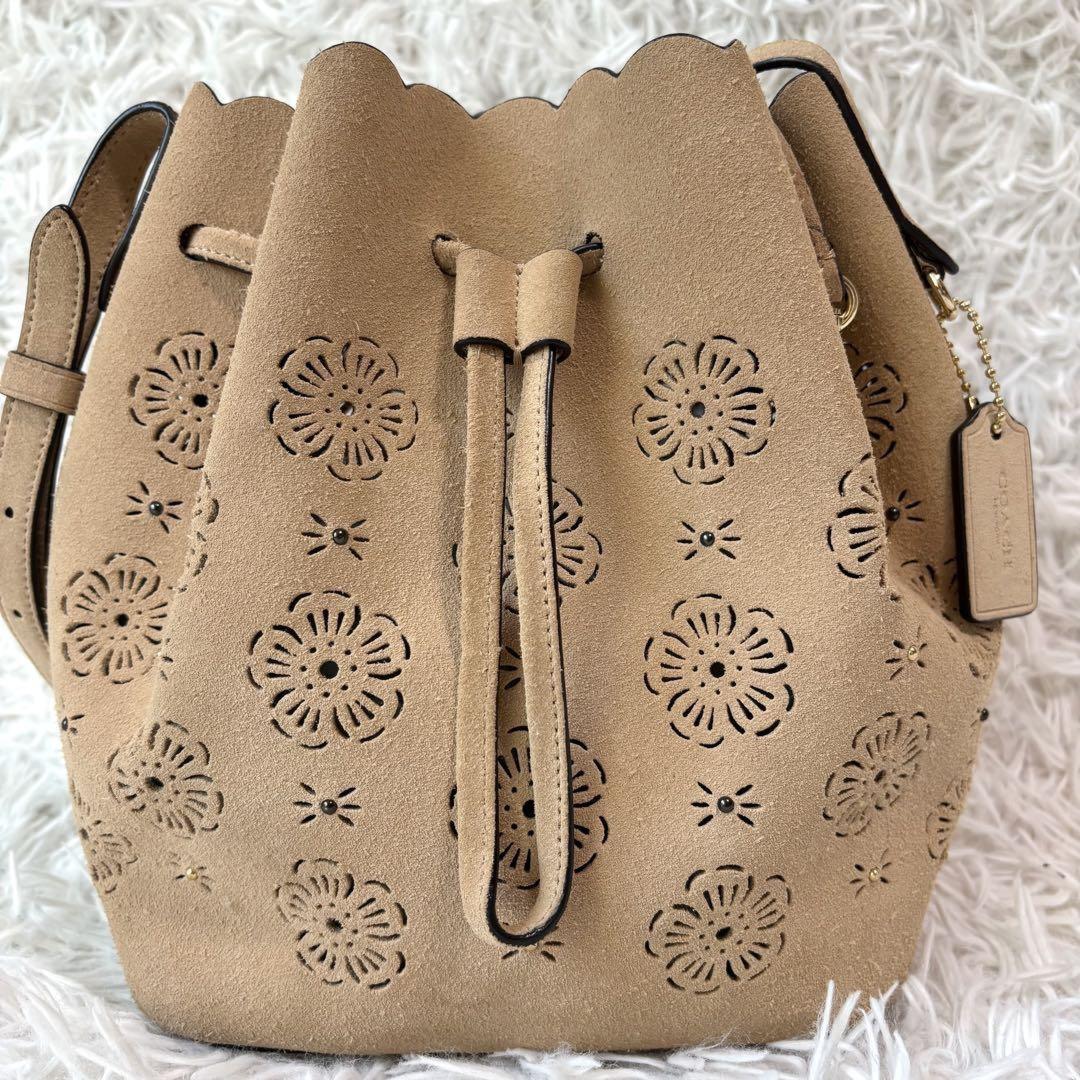 COACH Shoulder Bag Purse Suede Beige Authentic