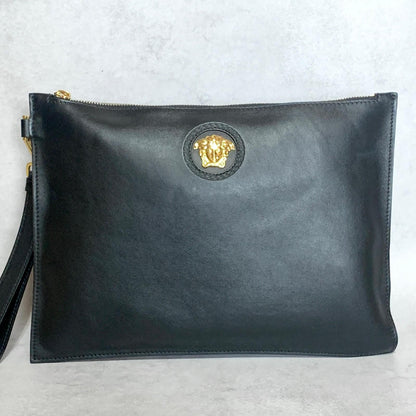 VERSACE Clutch Bag Medusa Purse Handbag Leather Black Gold Used Unisex Authentic
