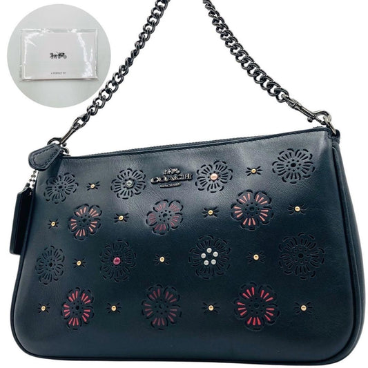 COACH Accessory Pouch Hand Bag Tote Purse Chain Leather Black Authentic