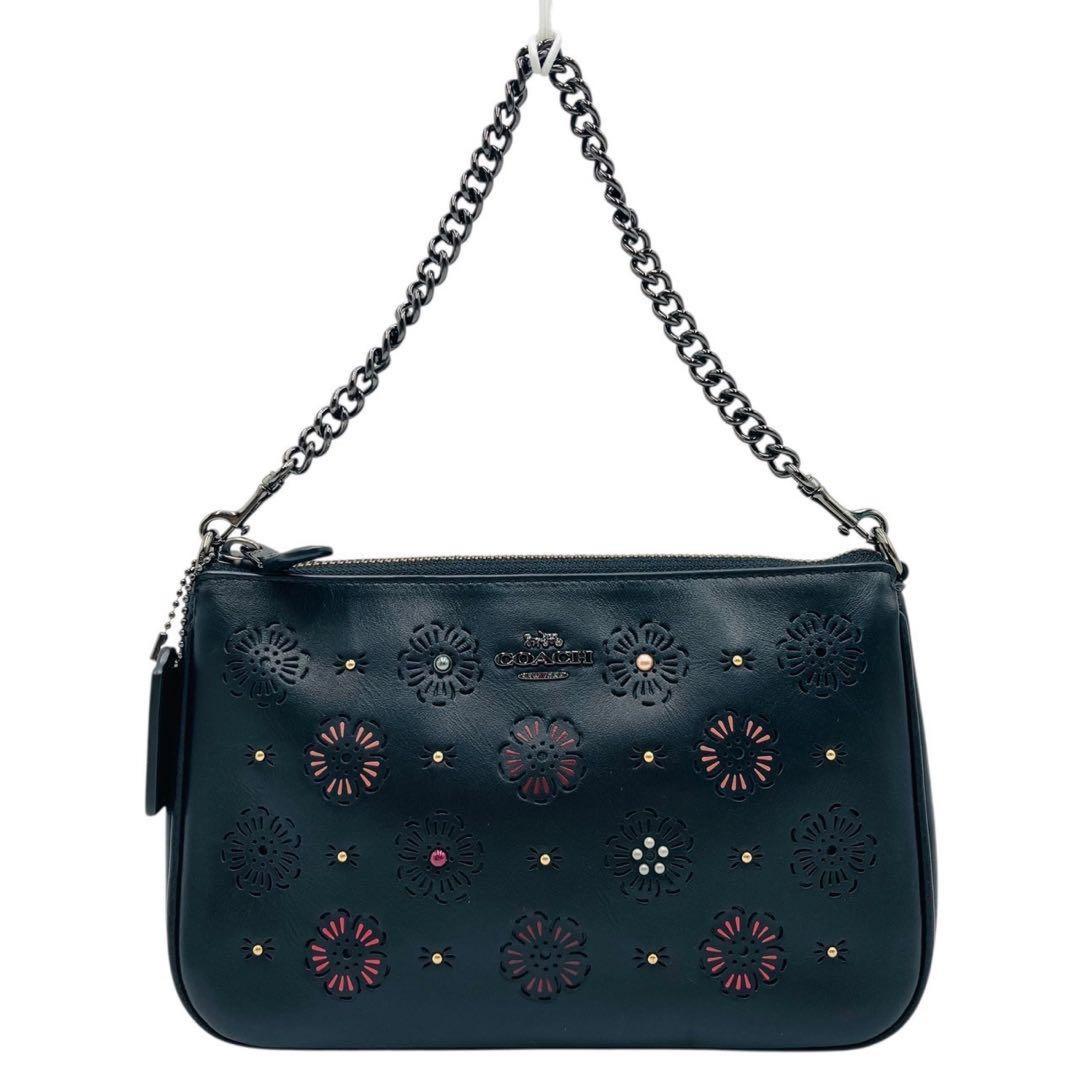 COACH Accessory Pouch Hand Bag Tote Purse Chain Leather Black Authentic
