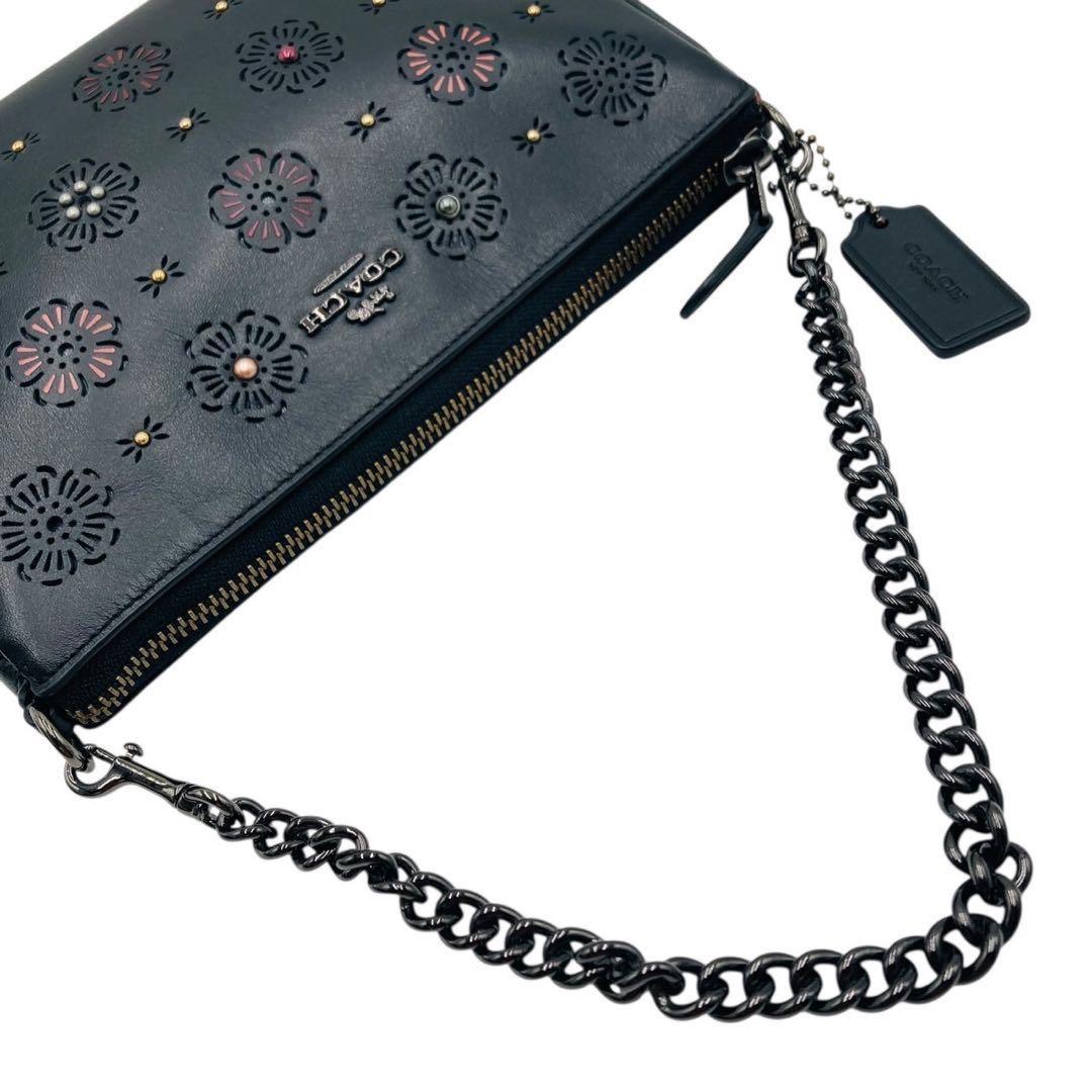 COACH Accessory Pouch Hand Bag Tote Purse Chain Leather Black Authentic