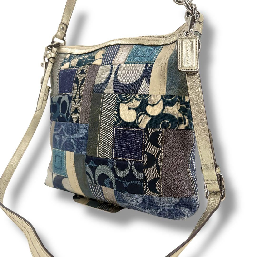 COACH Shoulder Bag Purse 2way Patchwork Signature Canvas Leather Denim Blue Auth