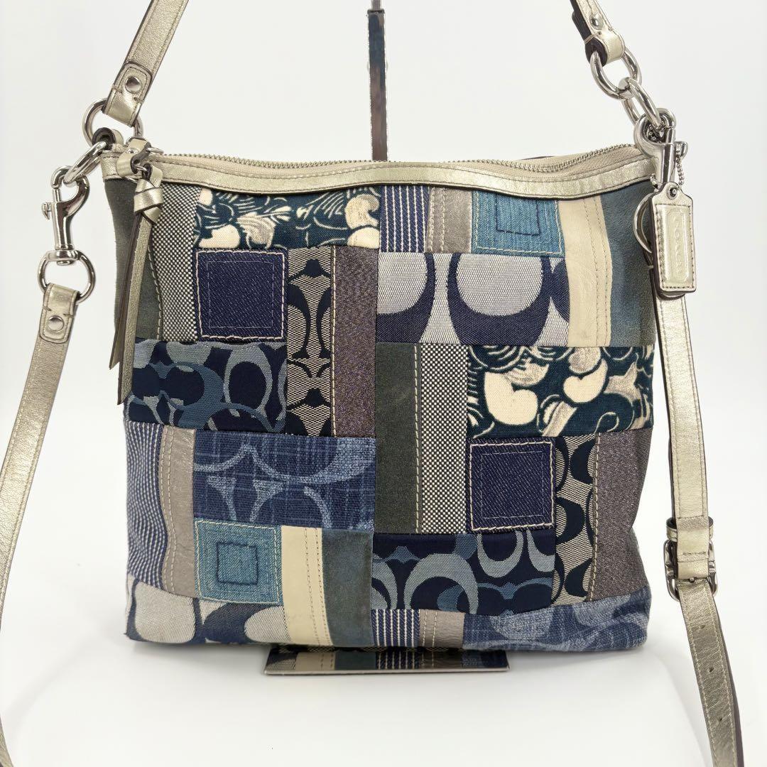 COACH Shoulder Bag Purse 2way Patchwork Signature Canvas Leather Denim Blue Auth