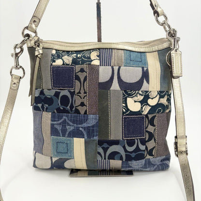 COACH Shoulder Bag Purse 2way Patchwork Signature Canvas Leather Denim Blue Auth