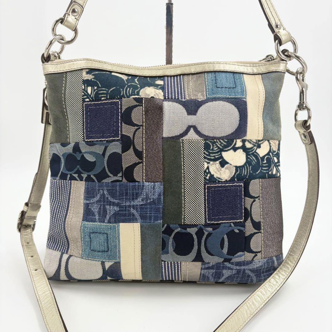 COACH Shoulder Bag Purse 2way Patchwork Signature Canvas Leather Denim Blue Auth