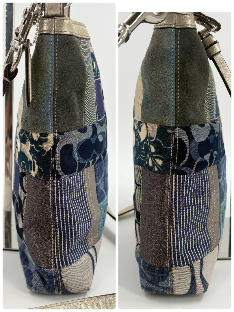 COACH Shoulder Bag Purse 2way Patchwork Signature Canvas Leather Denim Blue Auth