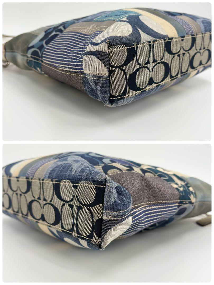COACH Shoulder Bag Purse 2way Patchwork Signature Canvas Leather Denim Blue Auth
