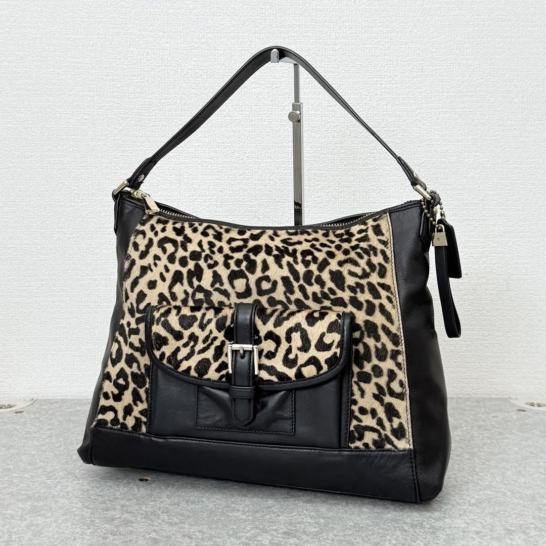 COACH Shoulder Bag Purse Leopard Leather Black Authentic