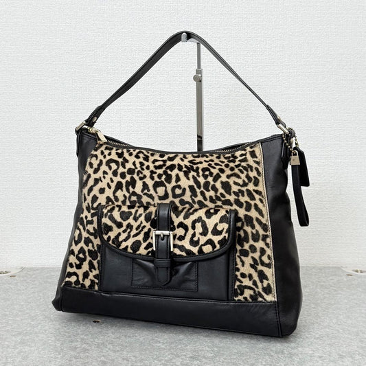 COACH Shoulder Bag Purse Leopard Leather Black Authentic