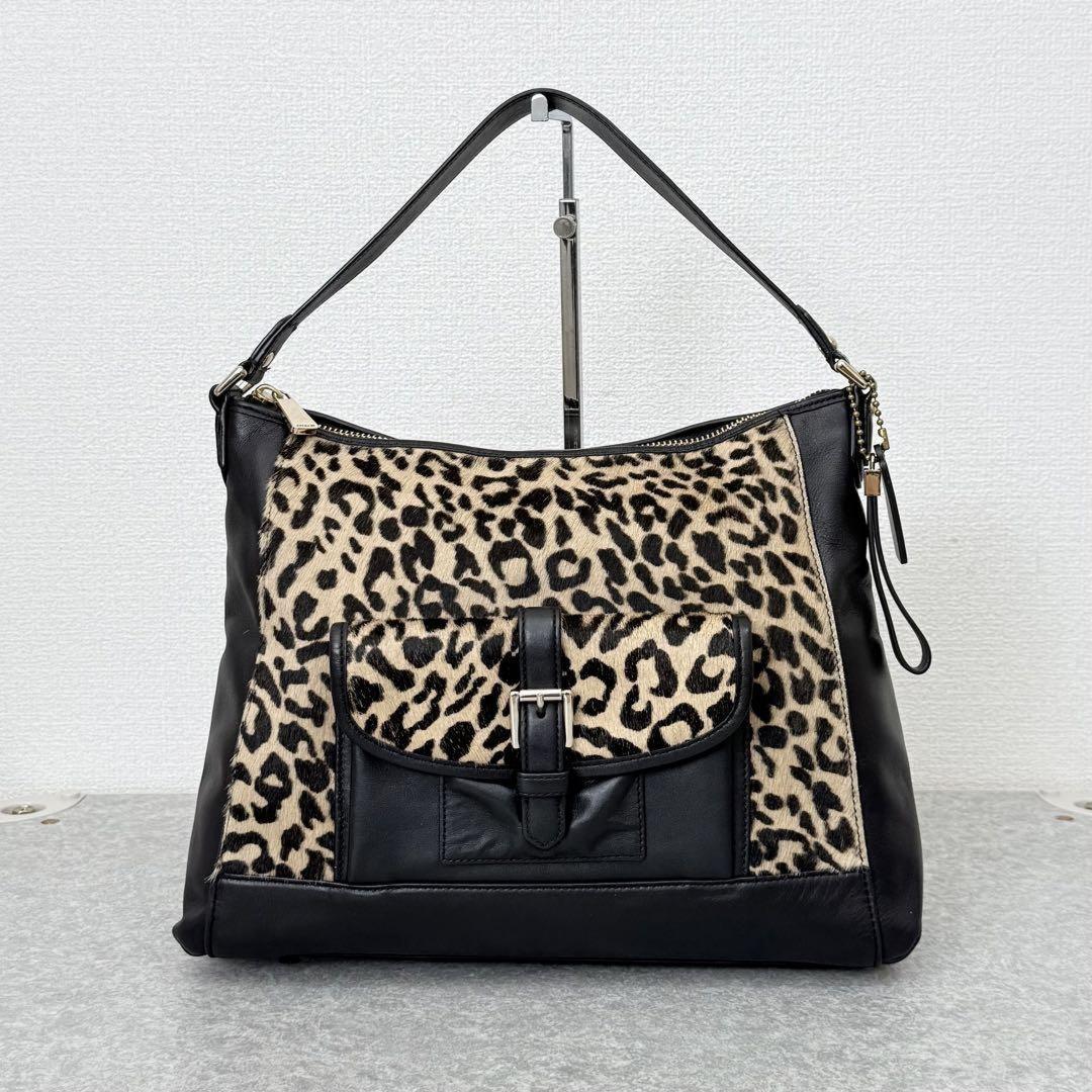 COACH Shoulder Bag Purse Leopard Leather Black Authentic