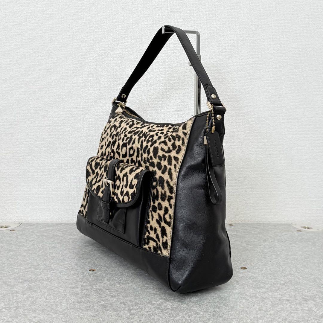 COACH Shoulder Bag Purse Leopard Leather Black Authentic
