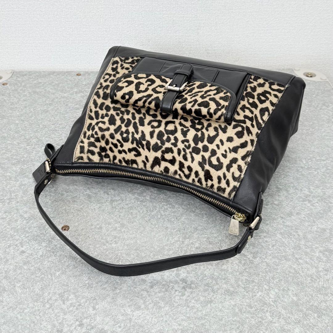 COACH Shoulder Bag Purse Leopard Leather Black Authentic