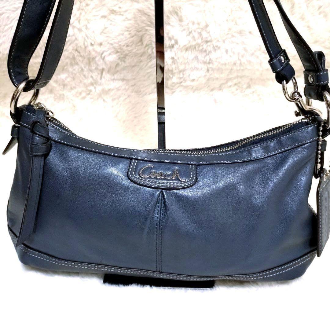 COACH Shoulder Bag Purse Leather metallic blue Authentic