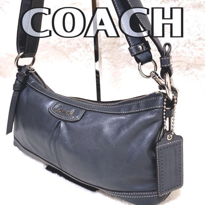 COACH Shoulder Bag Purse Leather metallic blue Authentic