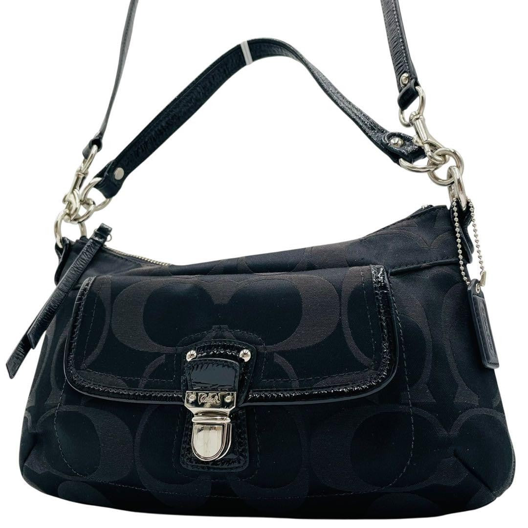 COACH Shoulder Bag Purse 2way Signature Canvas Leather Black Authentic