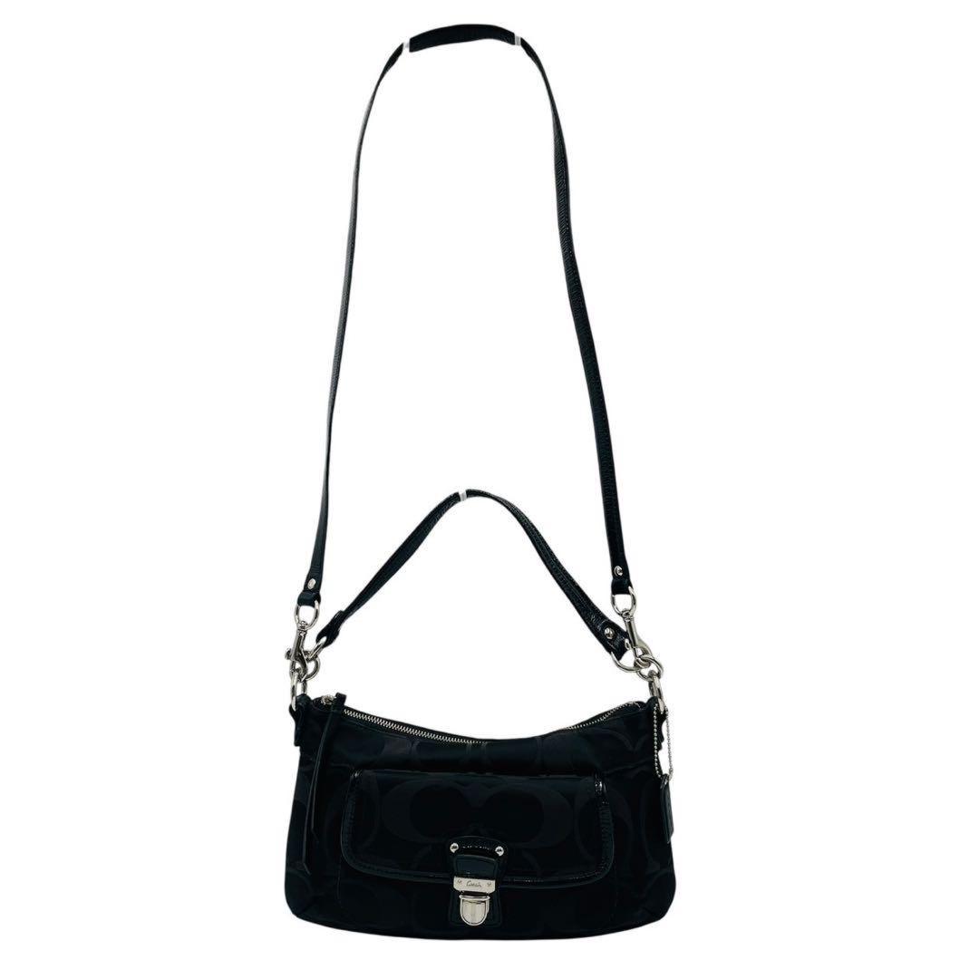 COACH Shoulder Bag Purse 2way Signature Canvas Leather Black Authentic