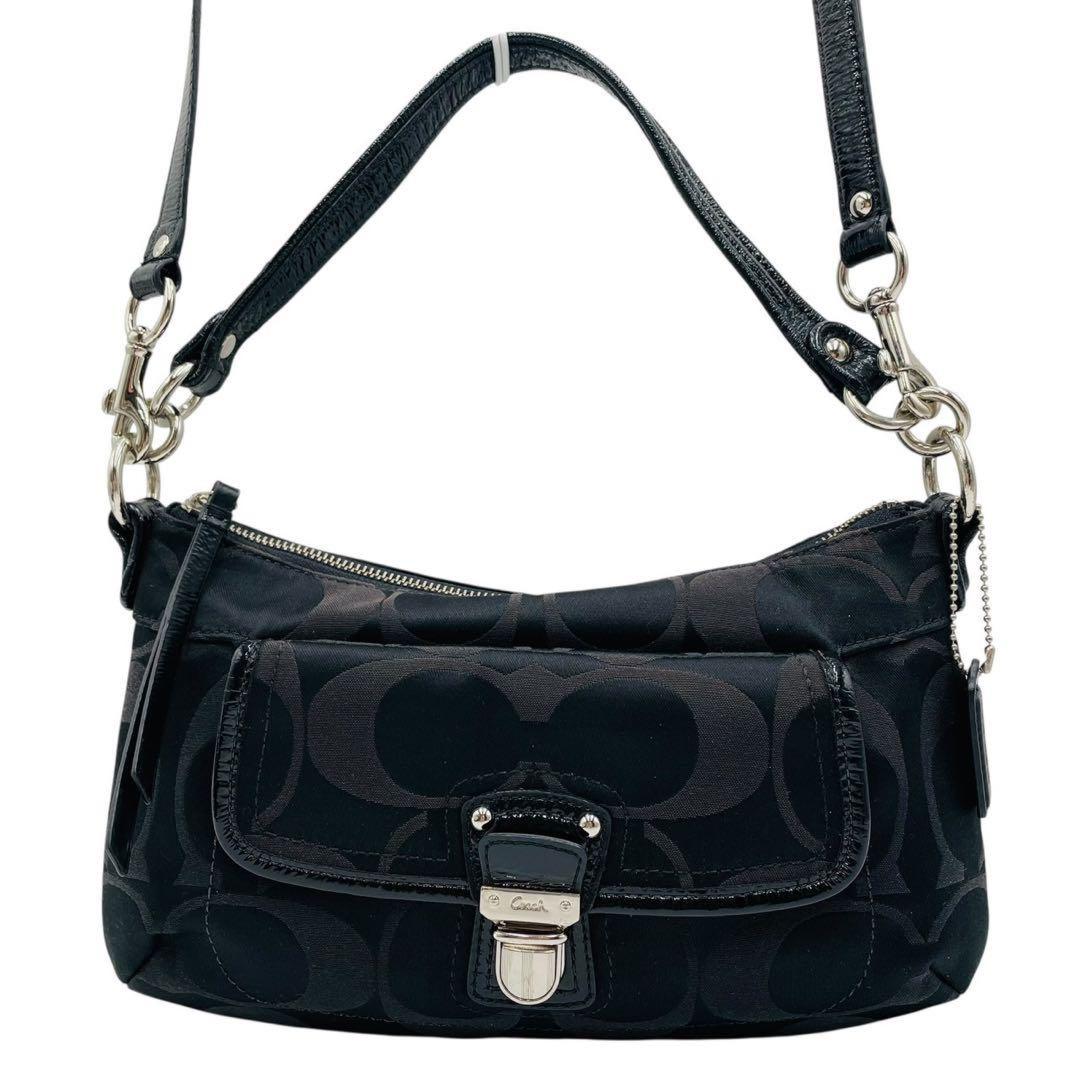 COACH Shoulder Bag Purse 2way Signature Canvas Leather Black Authentic
