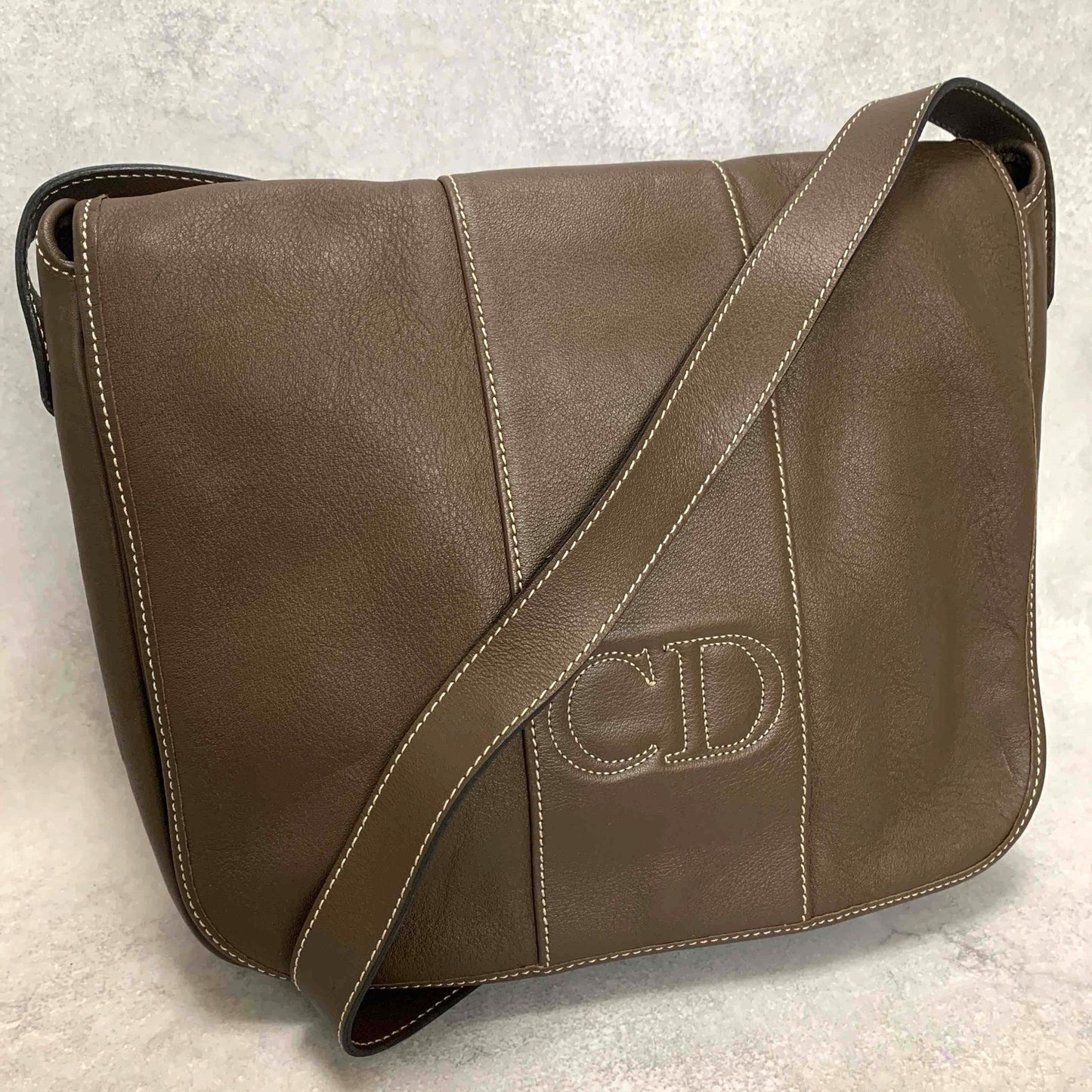 Christian Dior Shoulder Bag CD Stitch Brown Gold Leather Unisex Used Authentic
