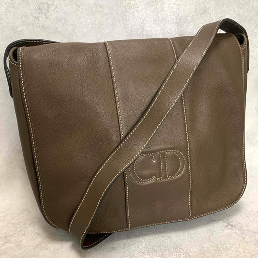 Christian Dior Shoulder Bag CD Stitch Brown Gold Leather Unisex Used Authentic