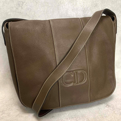 Christian Dior Shoulder Bag CD Stitch Brown Gold Leather Unisex Used Authentic