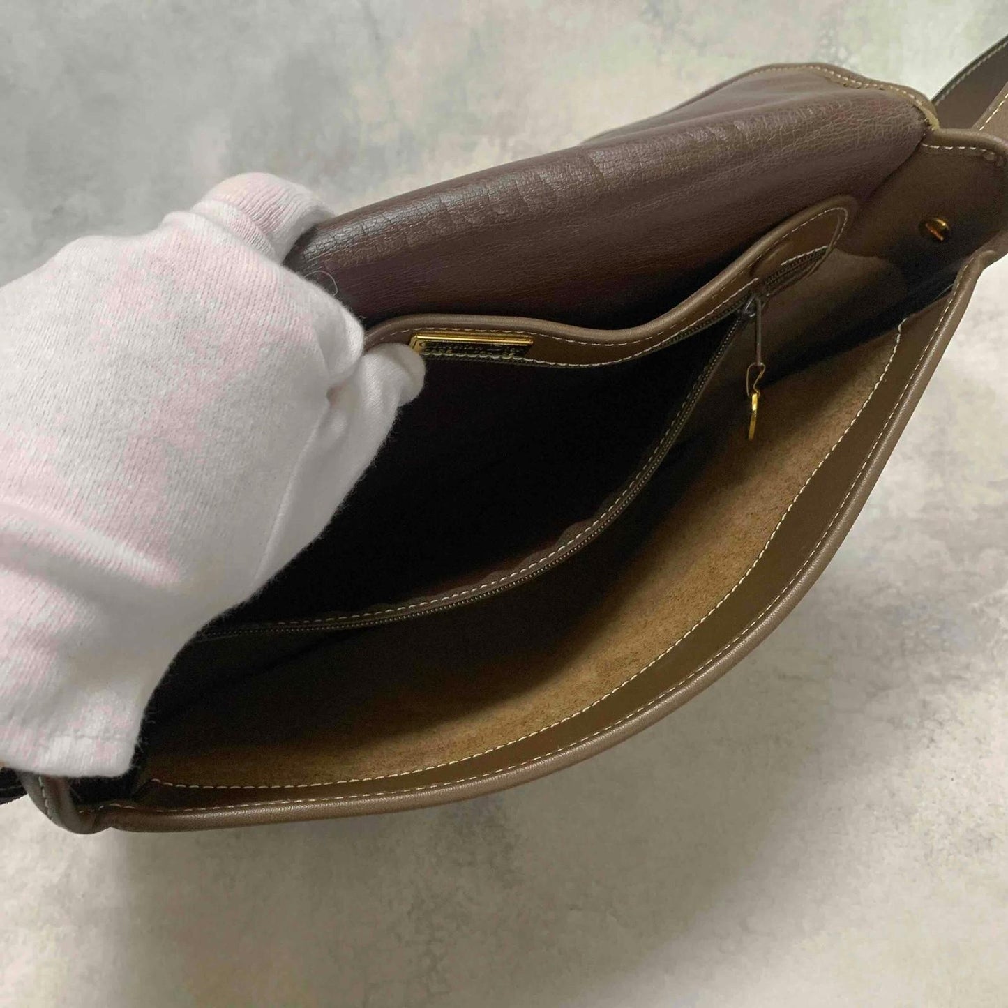 Christian Dior Shoulder Bag CD Stitch Brown Gold Leather Unisex Used Authentic