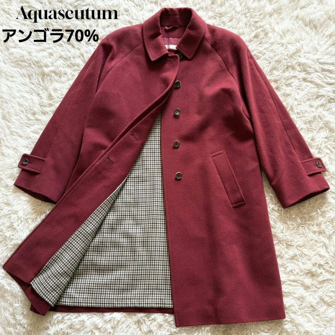 Aquascutum Long Coat Club Check Asian fit L US size M Wine Red Authentic
