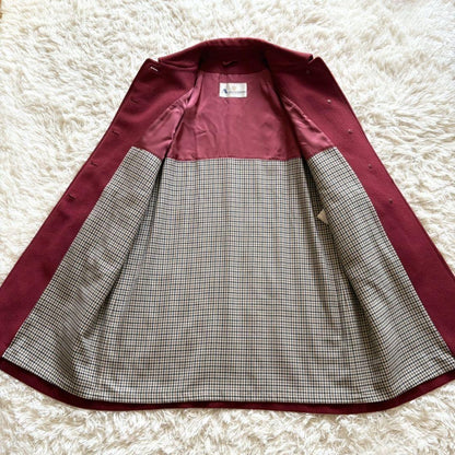 Aquascutum Long Coat Club Check Asian fit L US size M Wine Red Authentic