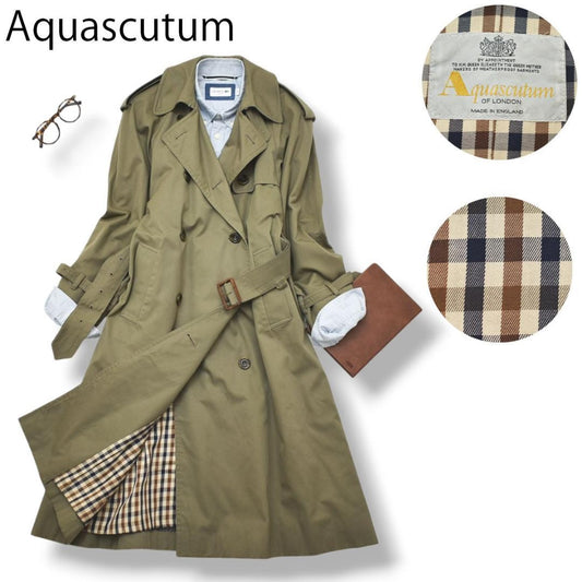 Aquascutum Trench Coat Club Check Asian fit L US size M Khaki Authentic